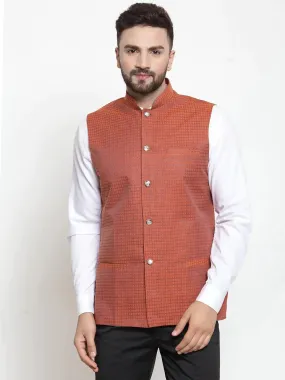 Men Orange Woven Design Nehru Jacket