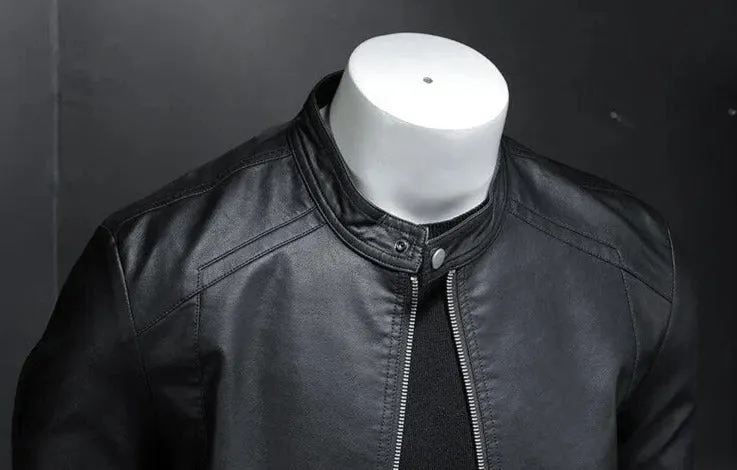 Mens Black Slim PU Leather Jacket- Stand Collar with Chain up