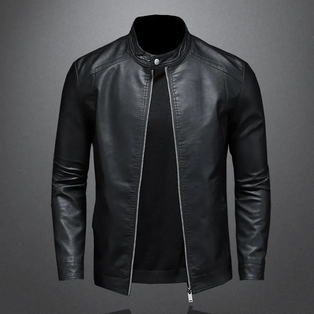 Mens Black Slim PU Leather Jacket- Stand Collar with Chain up