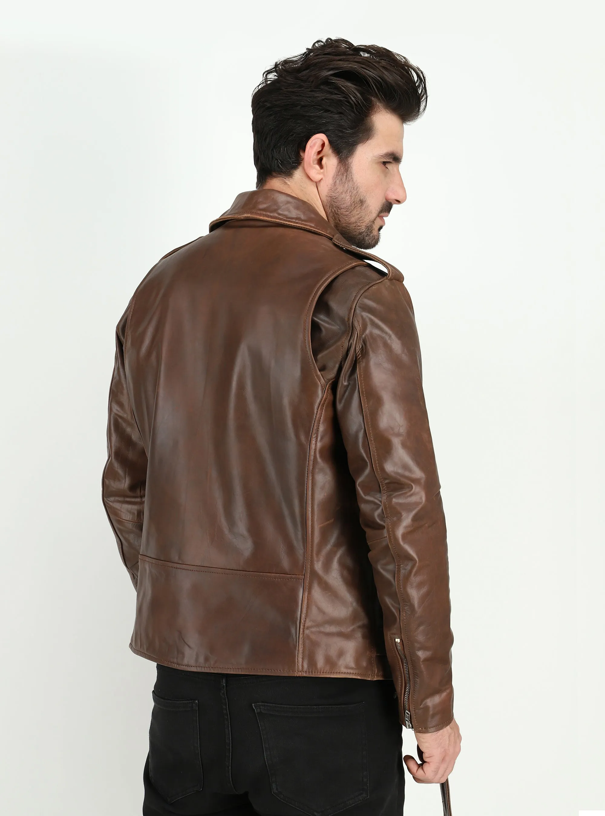 Men's Cowhide Dual Tone Brown Motorcycle Style Leather Jacket