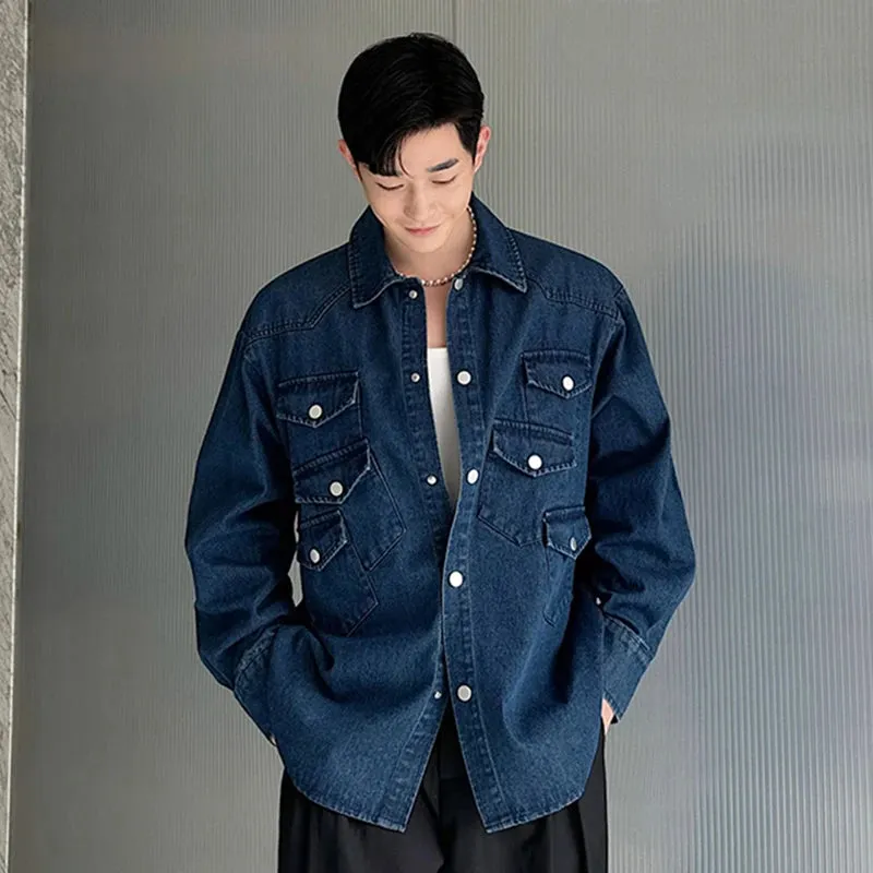 Men's Denim Jacket Patchwork Multi-pocket Washed Spring Summer Fashion Men Lapel Single-breasted Coat Casual Top C5516