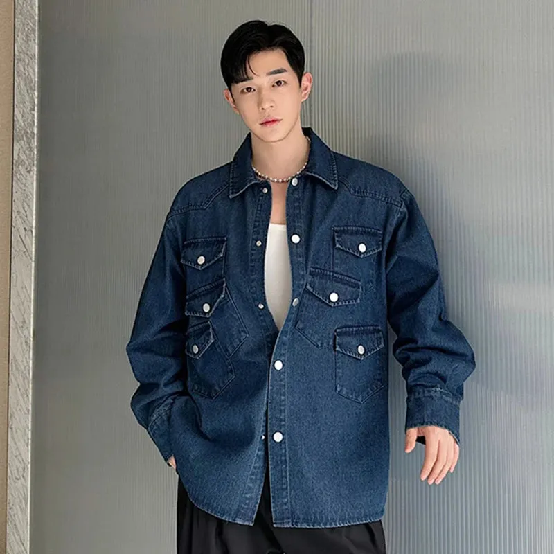 Men's Denim Jacket Patchwork Multi-pocket Washed Spring Summer Fashion Men Lapel Single-breasted Coat Casual Top C5516