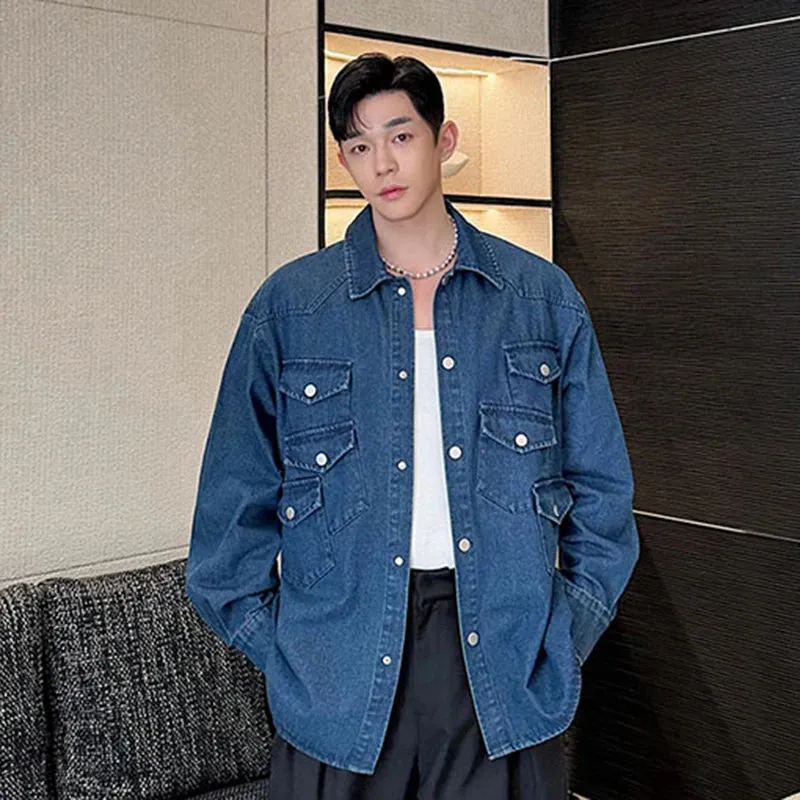 Men's Denim Jacket Patchwork Multi-pocket Washed Spring Summer Fashion Men Lapel Single-breasted Coat Casual Top C5516