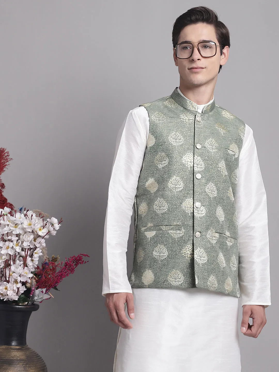 Men'S Green And Golden Printed Nehru Jacket