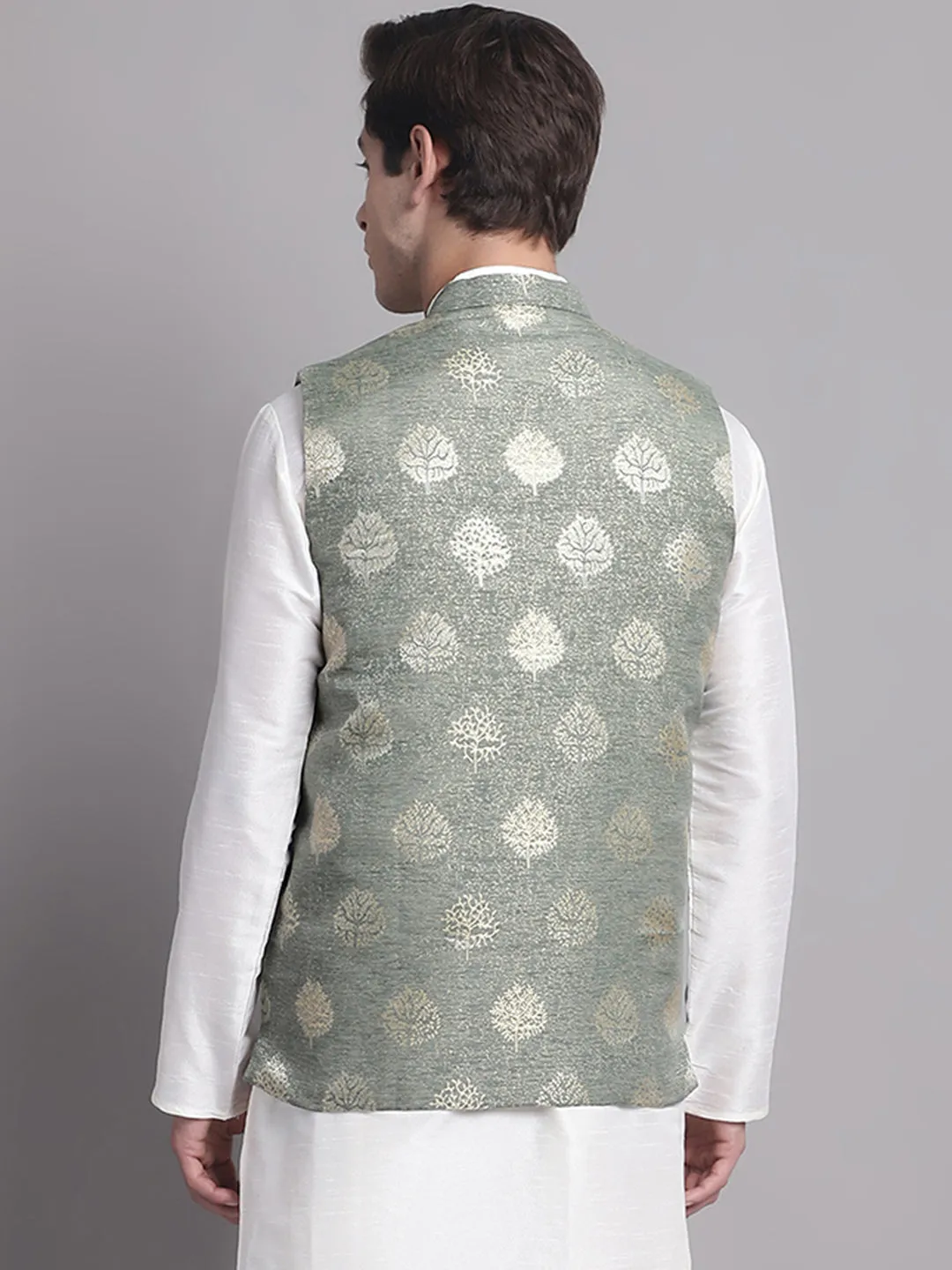 Men'S Green And Golden Printed Nehru Jacket