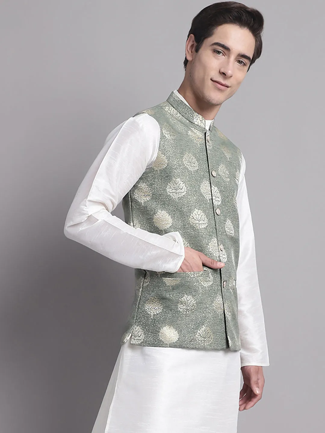 Men'S Green And Golden Printed Nehru Jacket