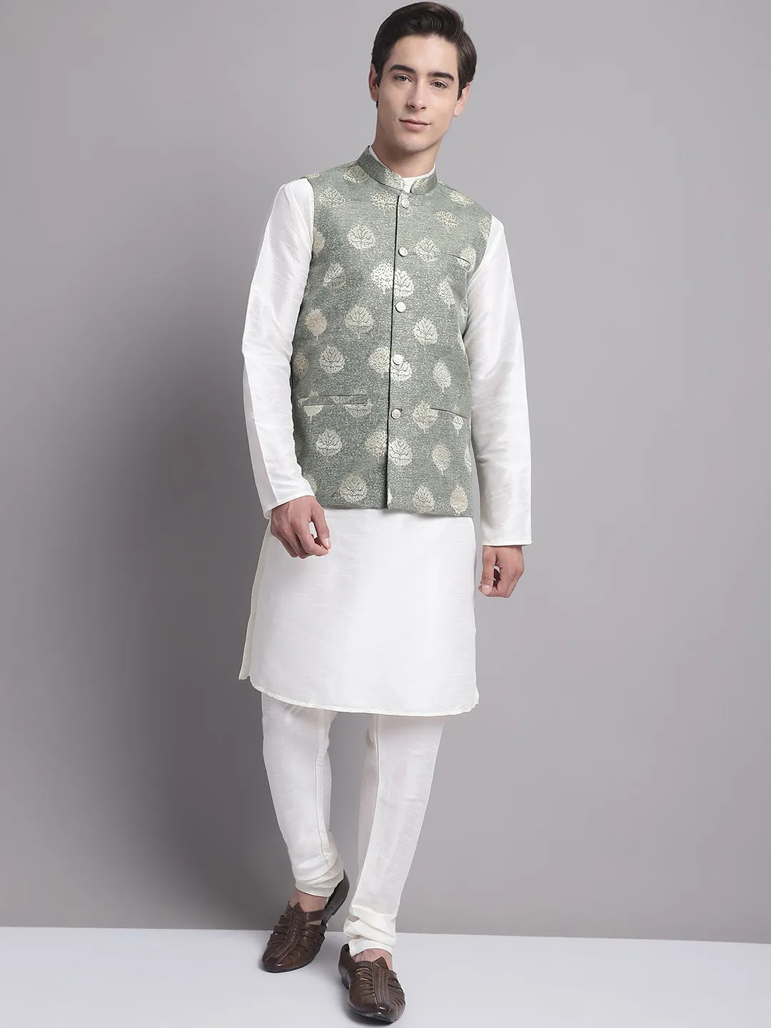 Men'S Green And Golden Printed Nehru Jacket