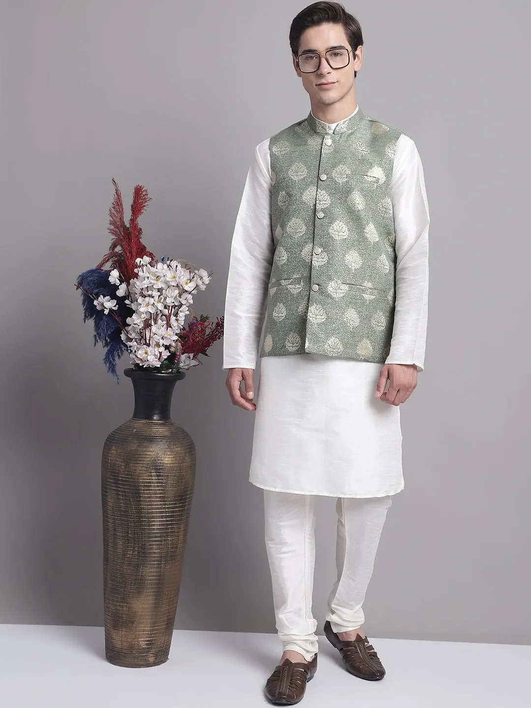 Men'S Green And Golden Printed Nehru Jacket