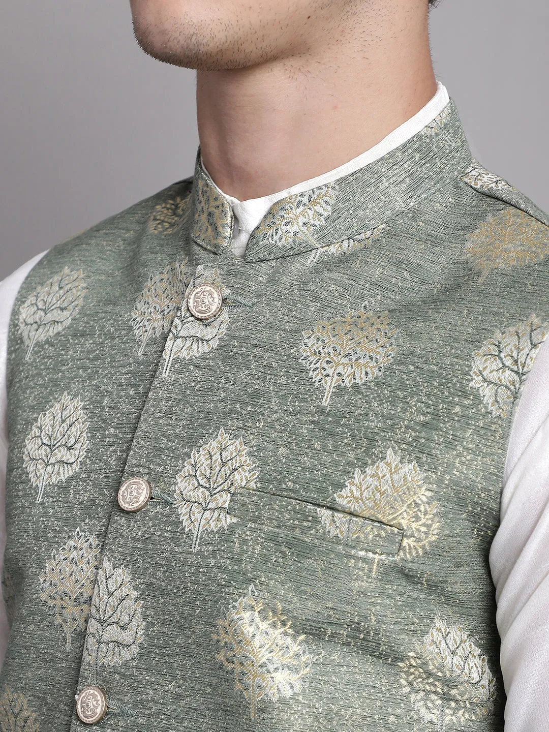 Men'S Green And Golden Printed Nehru Jacket