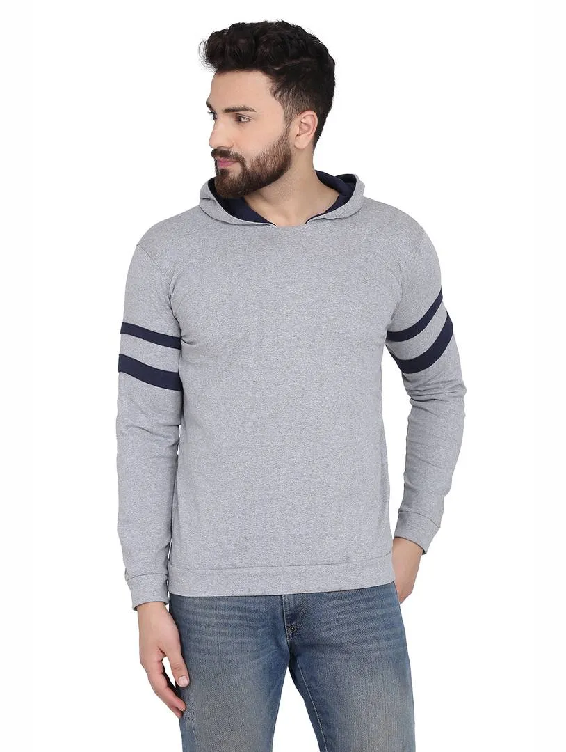 Men's Grey Cotton Blend Hoodie with stripes