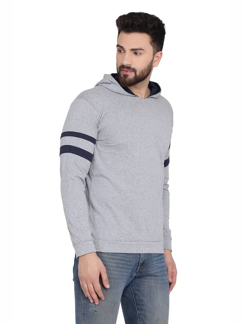 Men's Grey Cotton Blend Hoodie with stripes