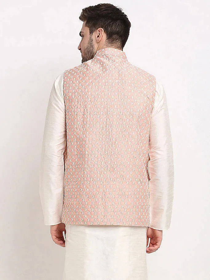 Men'S Peach Peach And White Embroidered Nehru Jacket