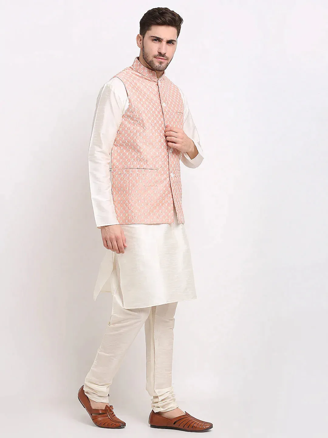 Men'S Peach Peach And White Embroidered Nehru Jacket