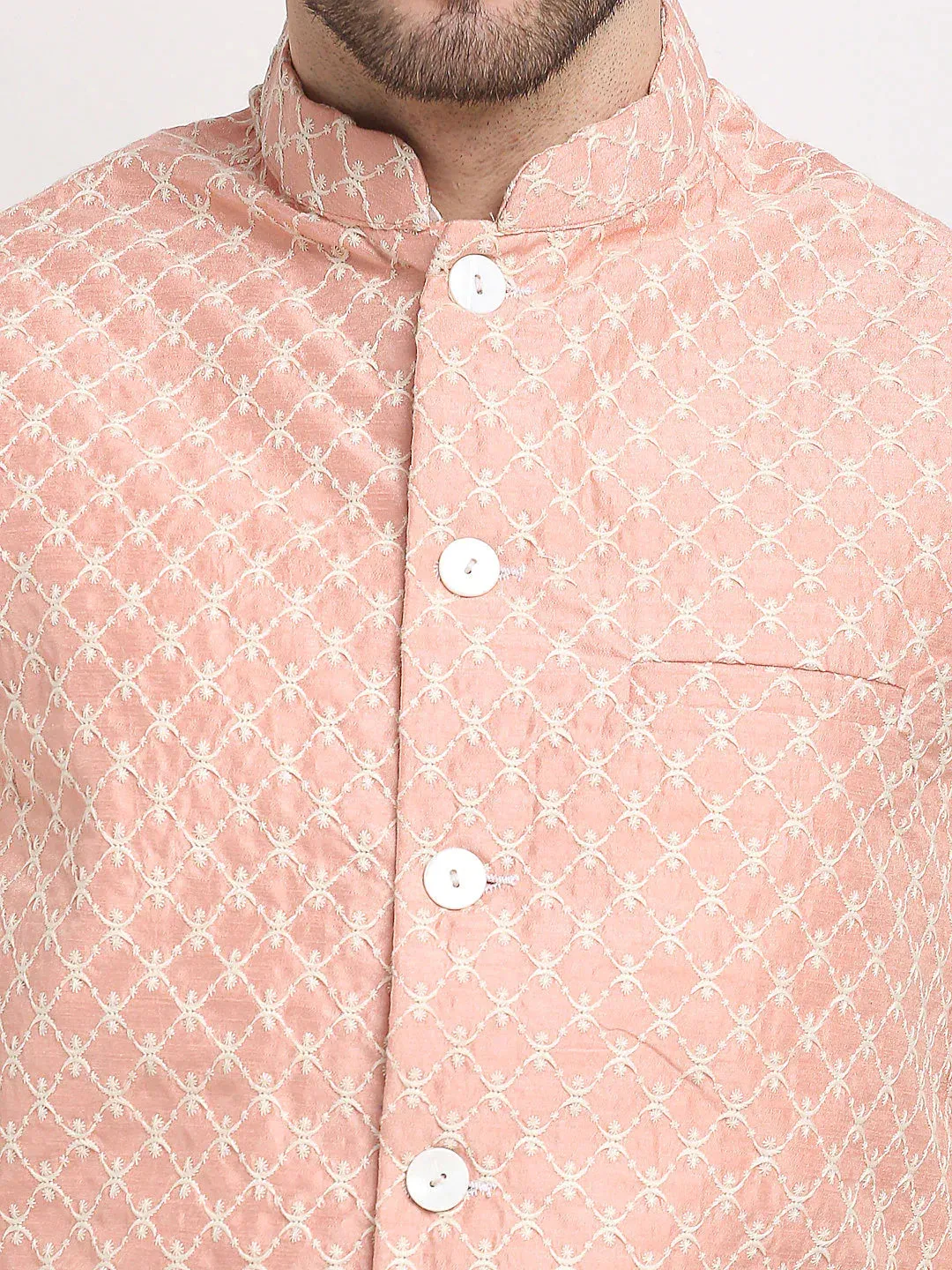 Men'S Peach Peach And White Embroidered Nehru Jacket