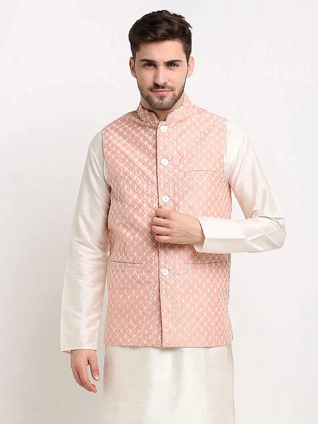 Men'S Peach Peach And White Embroidered Nehru Jacket