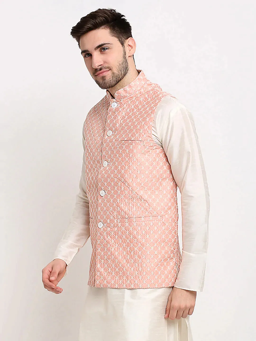 Men'S Peach Peach And White Embroidered Nehru Jacket