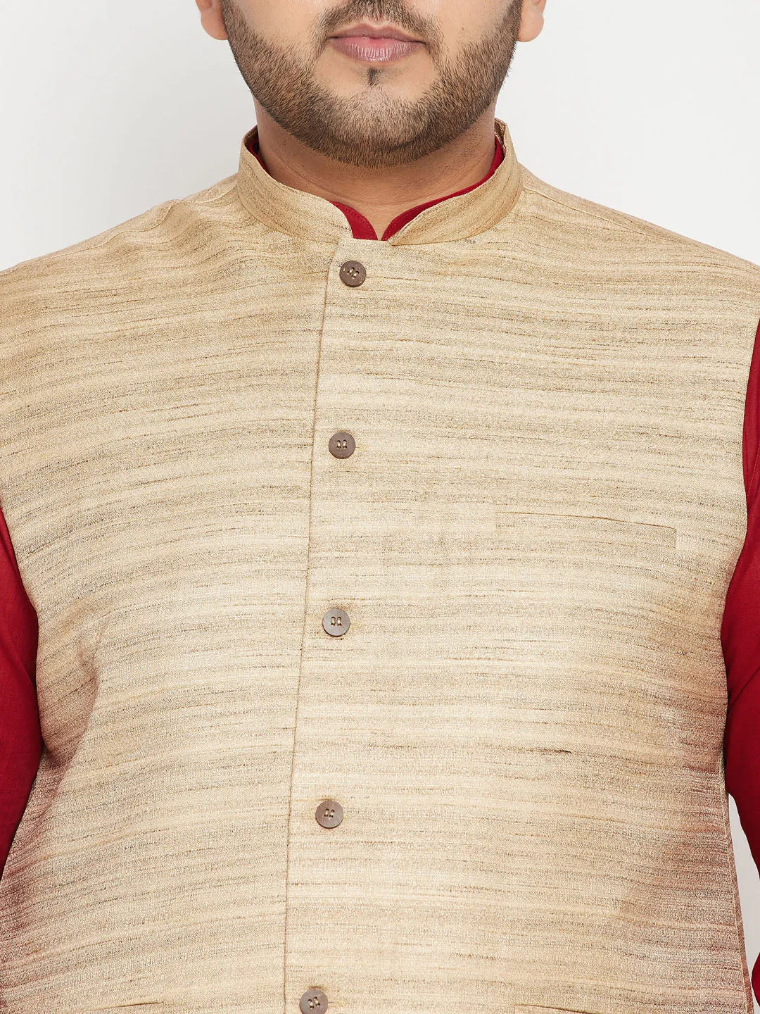 Men's Plus Maroon, Beige And White Cotton Blend Jacket Kurta Pyjama Set - Vastramay