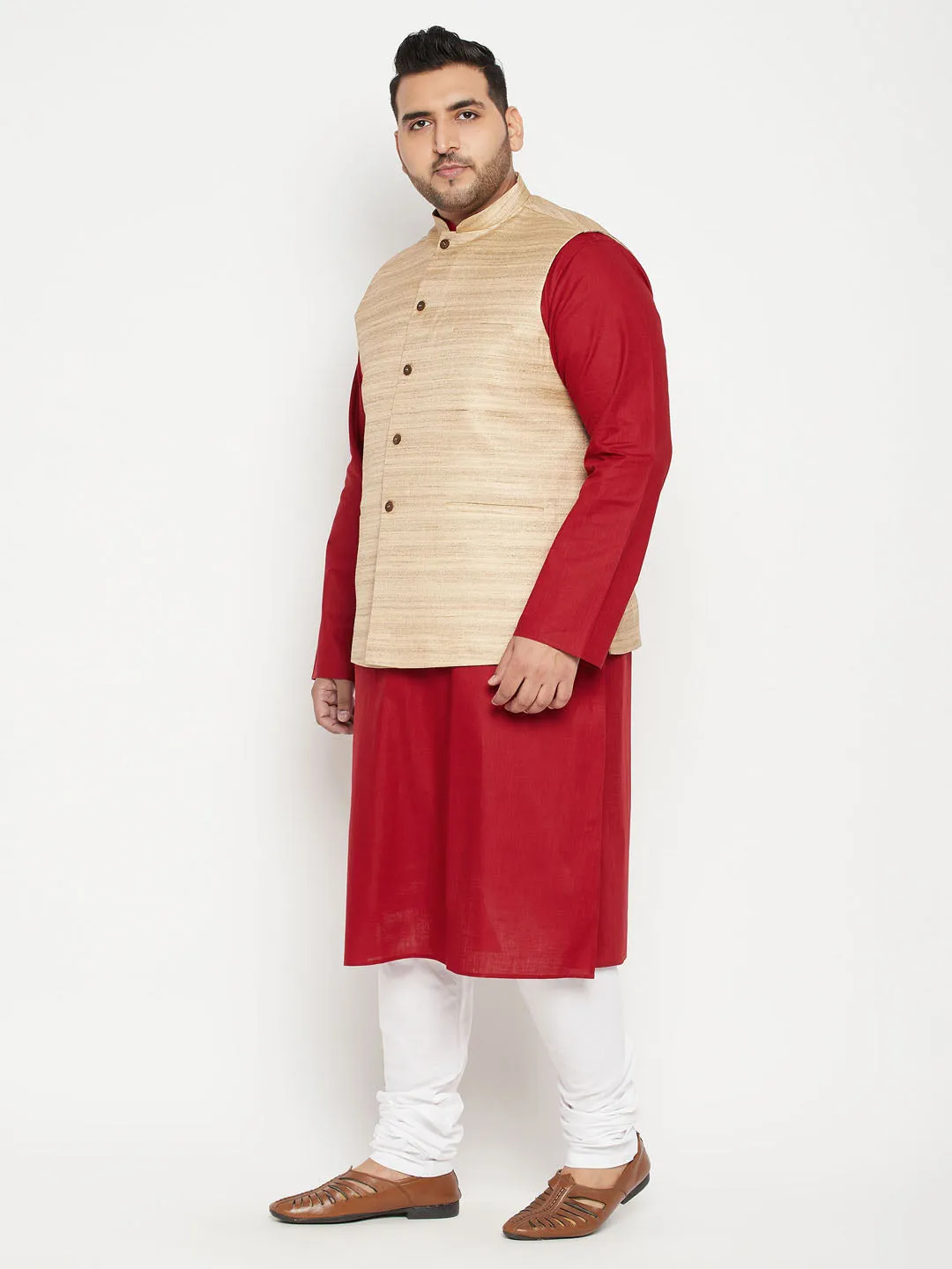 Men's Plus Maroon, Beige And White Cotton Blend Jacket Kurta Pyjama Set - Vastramay