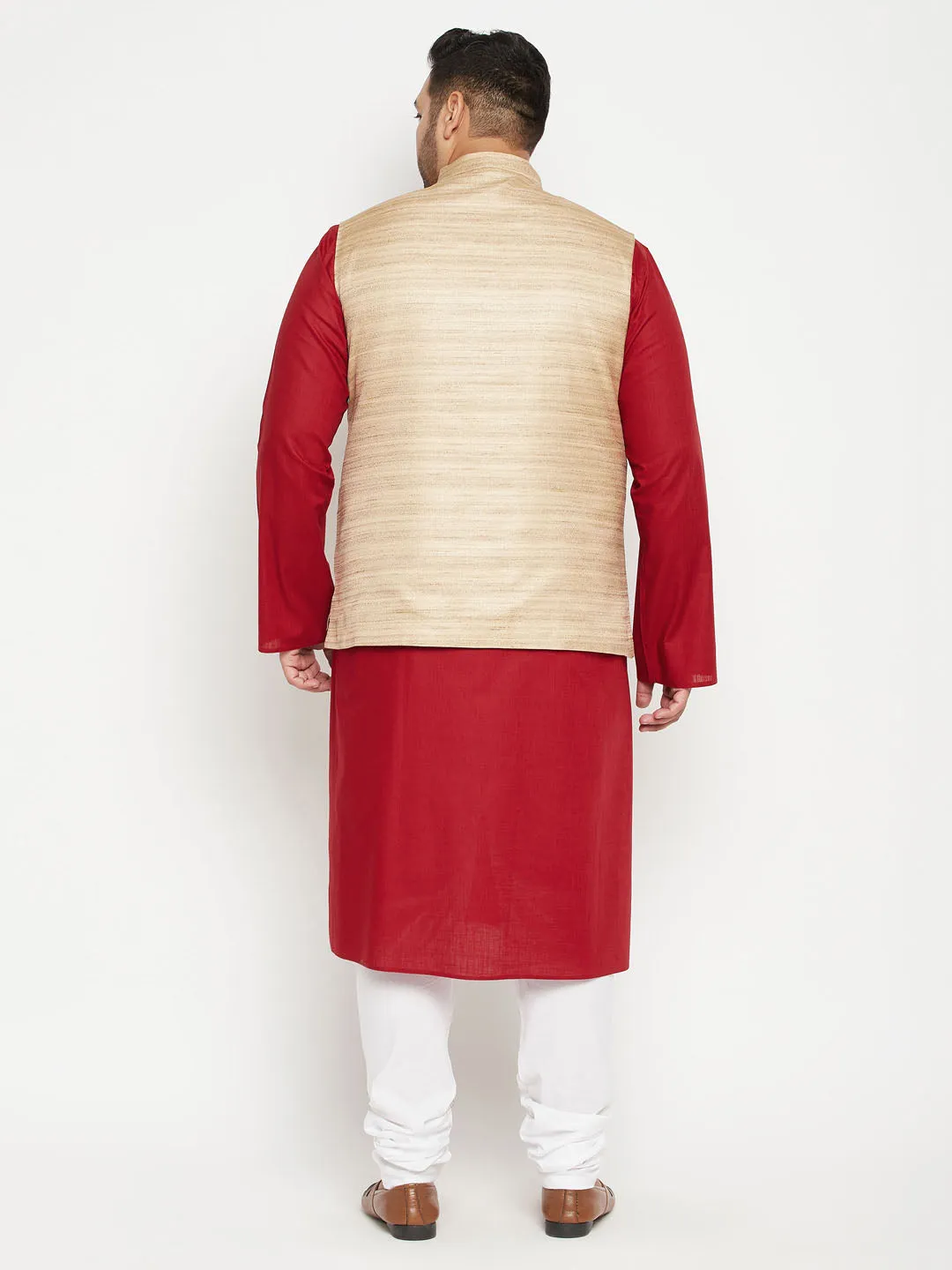 Men's Plus Maroon, Beige And White Cotton Blend Jacket Kurta Pyjama Set - Vastramay