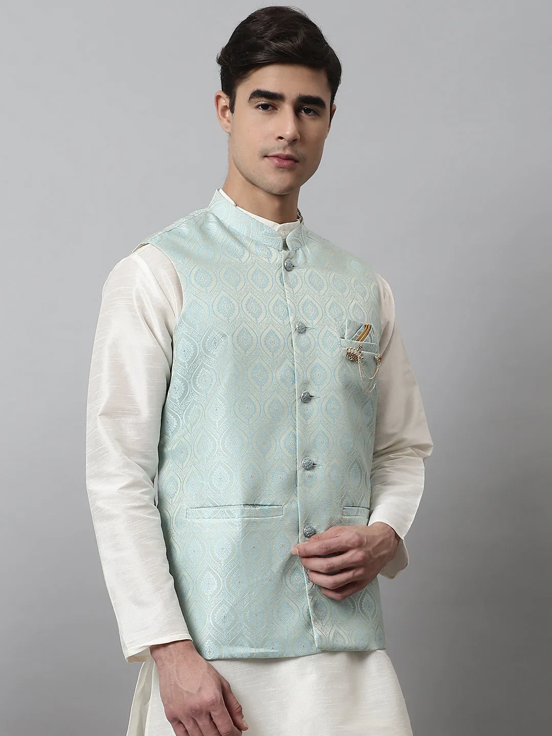 Men'S Sky Blue Woven Design Waistcoats