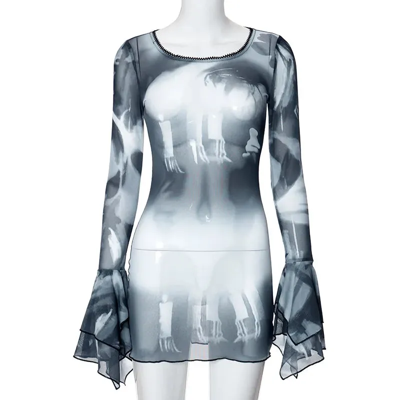 Mesh Print Flare Sleeve O-neck Bodycon Party Mini Dress