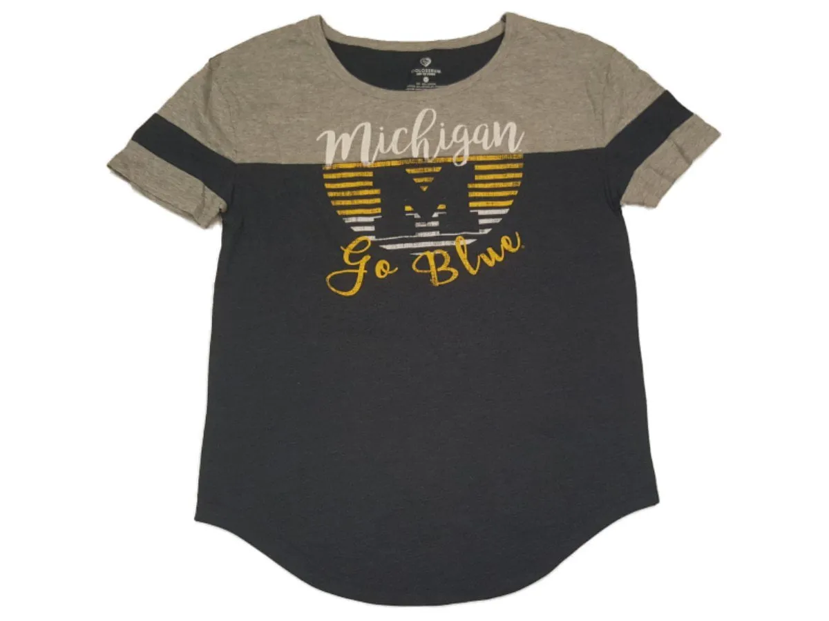 Michigan Wolverines Colosseum WOMENS Gray & Navy Stipe Logo SS T-Shirt (M)