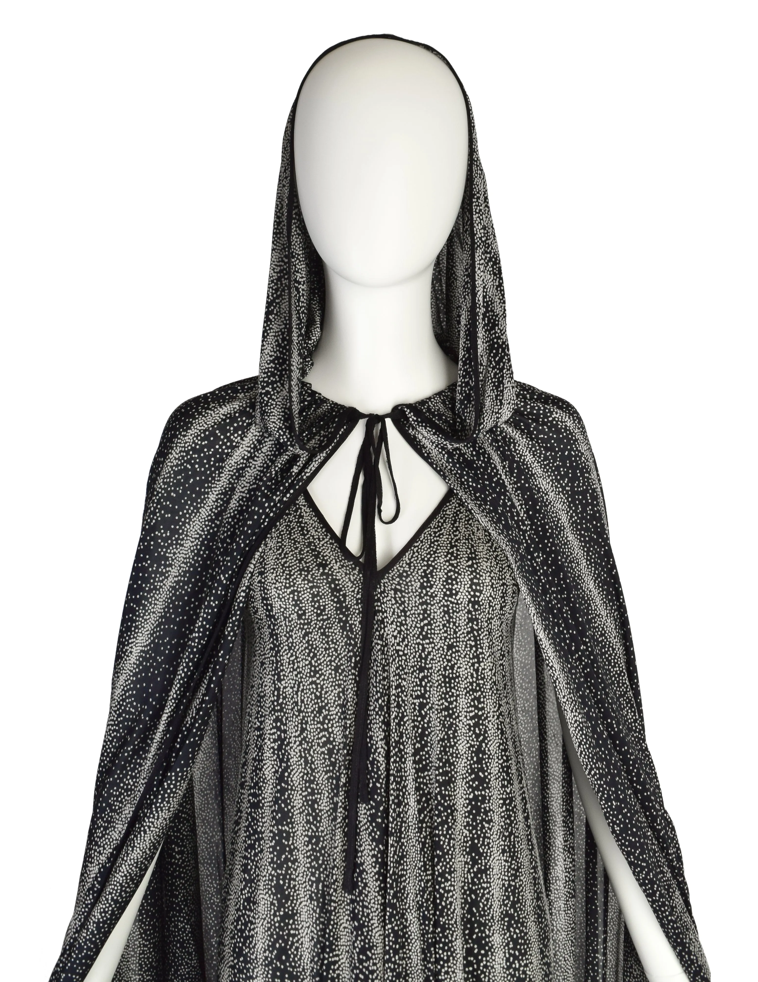 Missoni Vintage 1976 'Satellite' Black White Pointillism Dot Print Silk Jersey Dress and Hooded Cape Ensemble Set