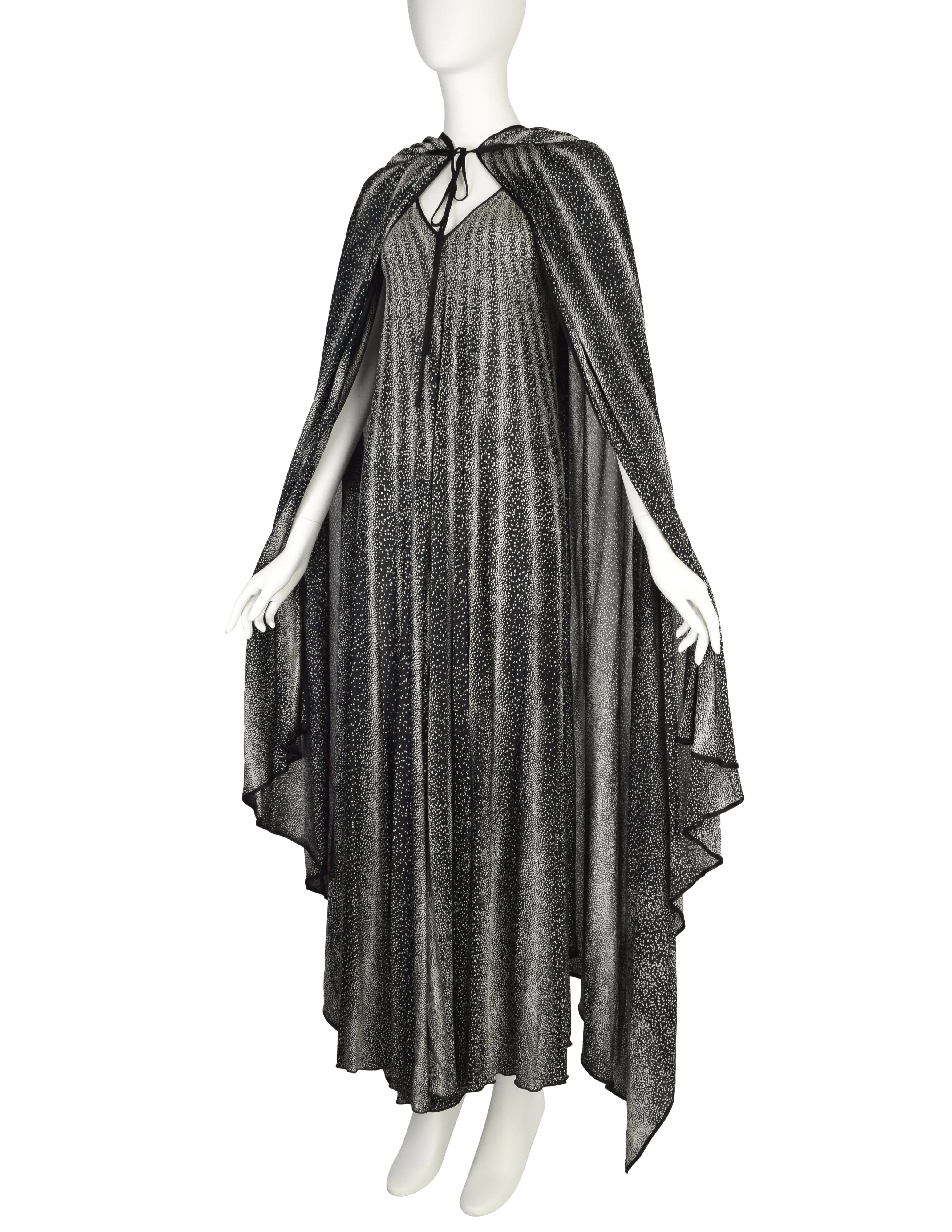 Missoni Vintage 1976 'Satellite' Black White Pointillism Dot Print Silk Jersey Dress and Hooded Cape Ensemble Set