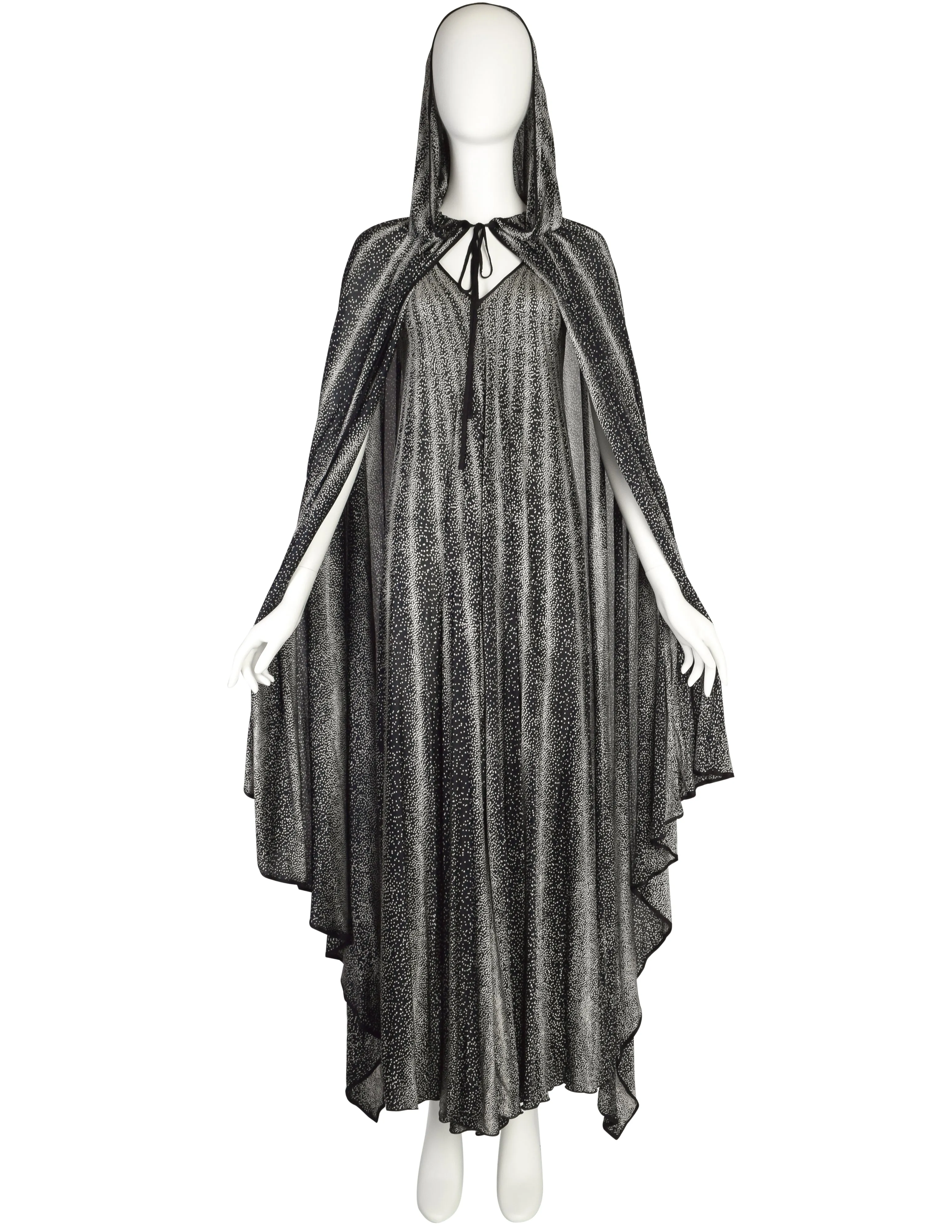 Missoni Vintage 1976 'Satellite' Black White Pointillism Dot Print Silk Jersey Dress and Hooded Cape Ensemble Set