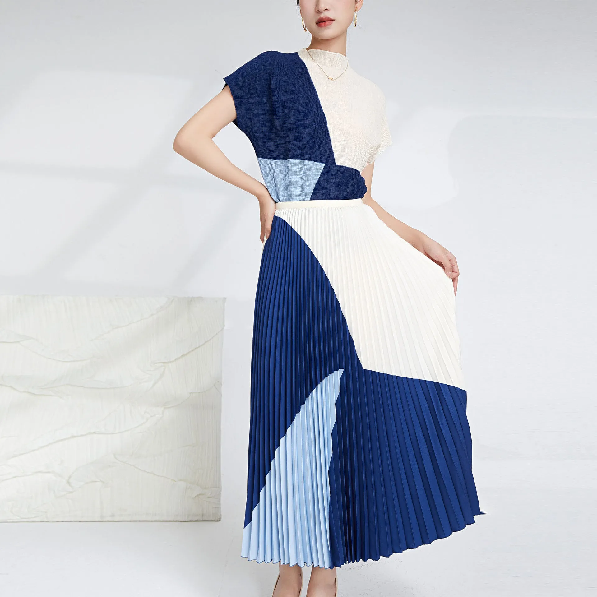 Miyake Pleated Color Block Top & Long Skirt Set