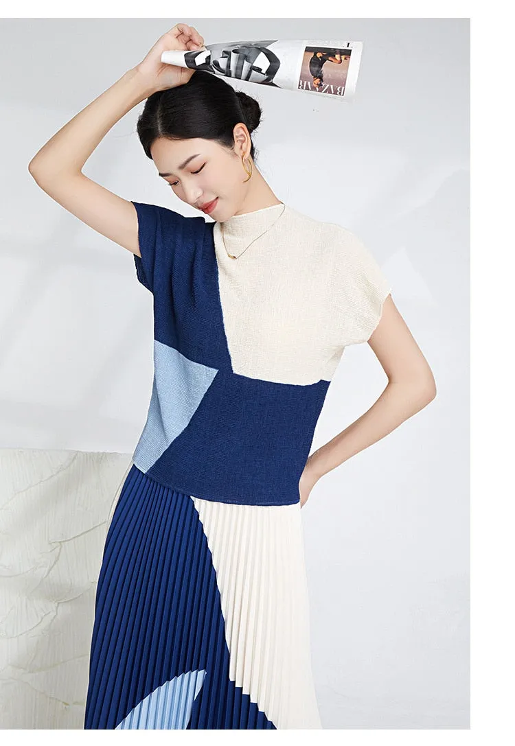 Miyake Pleated Color Block Top & Long Skirt Set