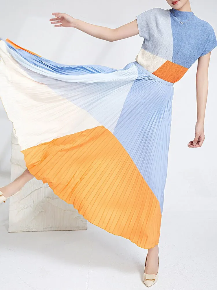 Miyake Pleated Color Block Top & Long Skirt Set