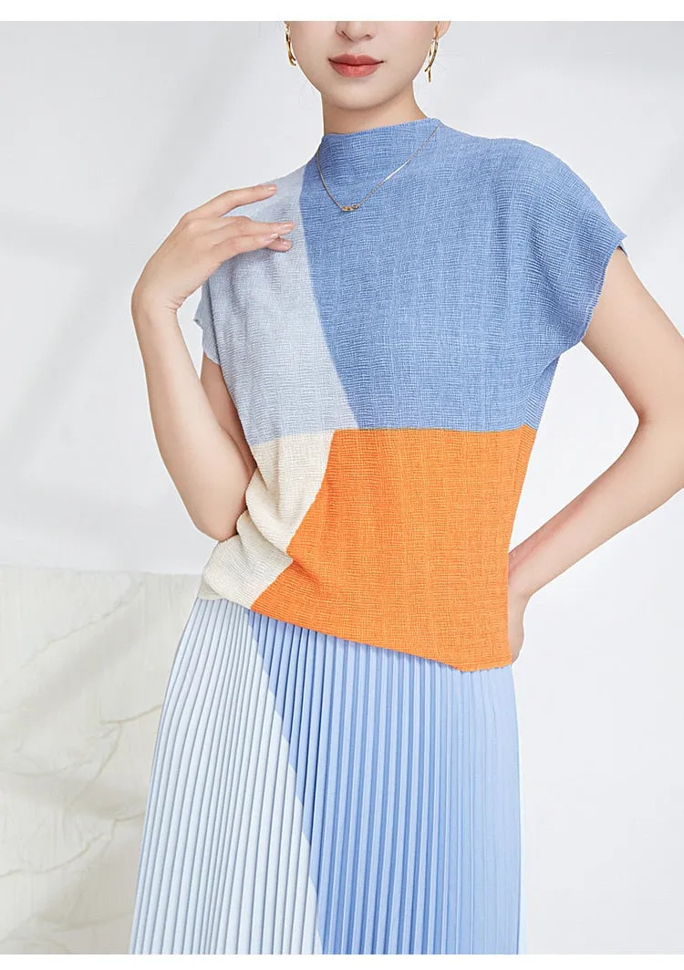 Miyake Pleated Color Block Top & Long Skirt Set