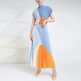 Miyake Pleated Color Block Top & Long Skirt Set