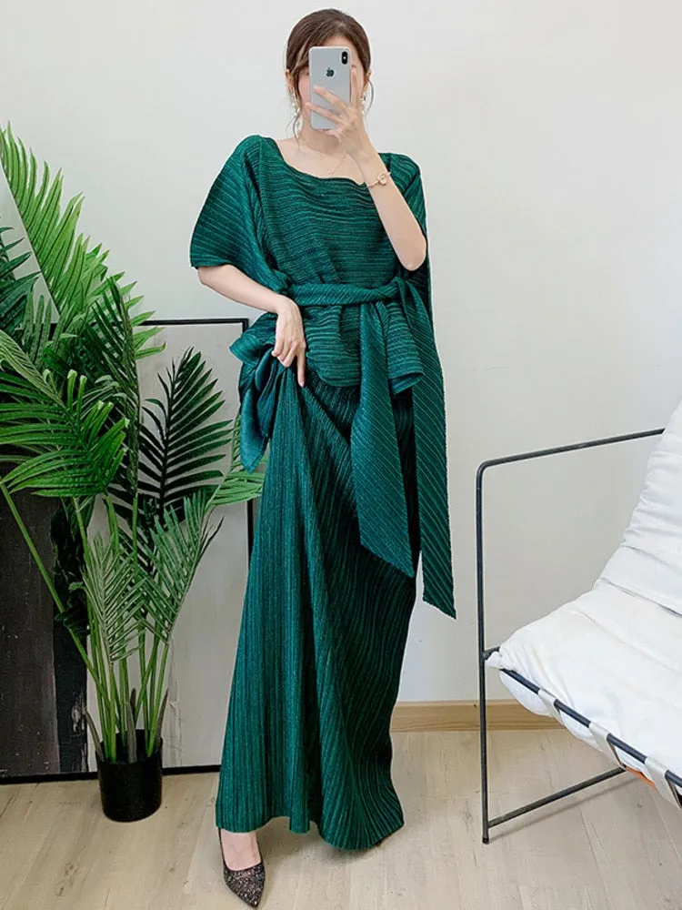 Miyake Pleated Top and Long Skirt Set with Sash