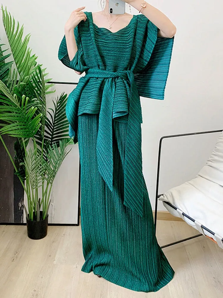 Miyake Pleated Top and Long Skirt Set with Sash