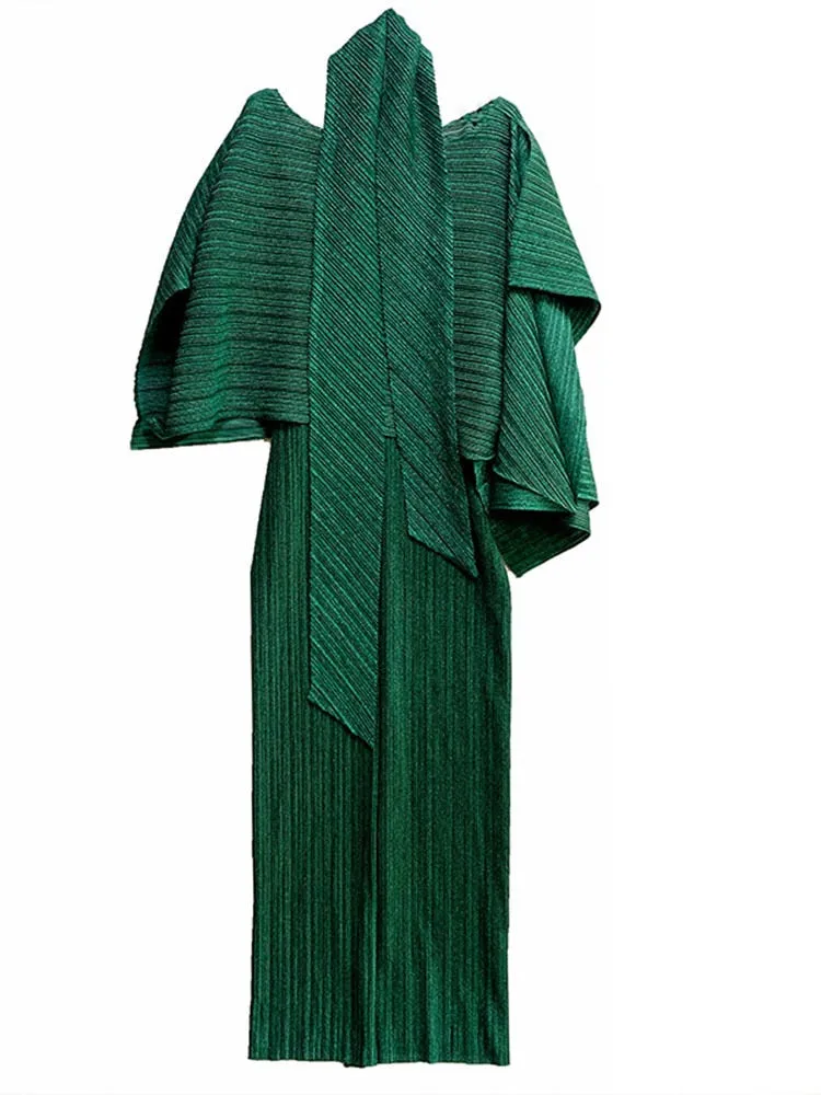 Miyake Pleated Top and Long Skirt Set with Sash