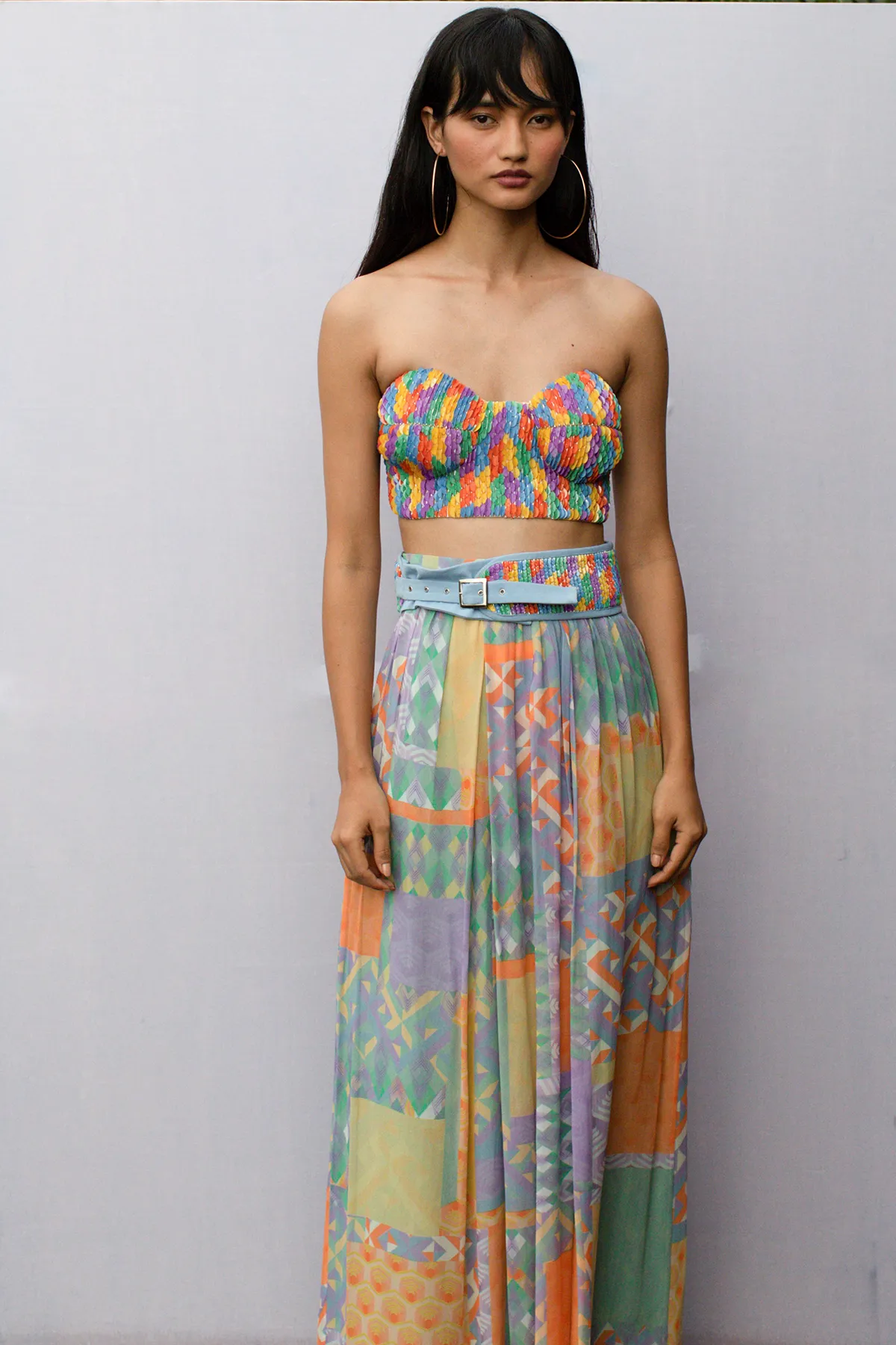 Multi-Geo Gathered Maxi-Skirt with Handcrafted Sequin Belt