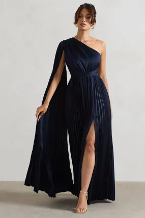 My Vision | Navy Plisse Asymmetric Split Maxi Dress With Cape Sleeve