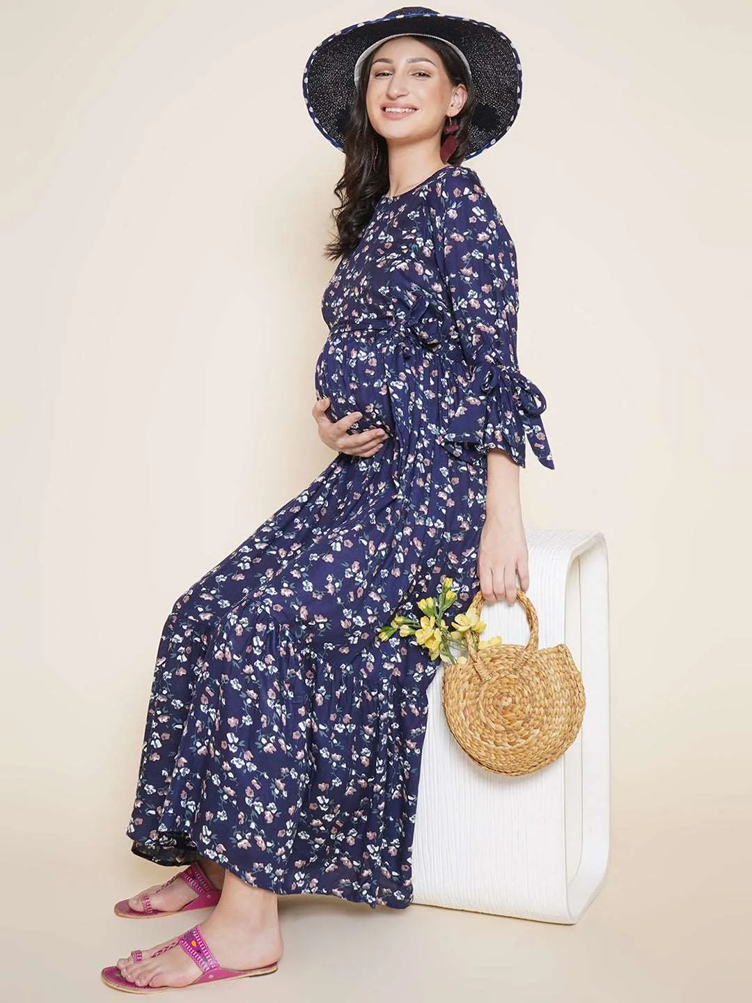 Navy Blue Maternity and Nursing Maxi Dress