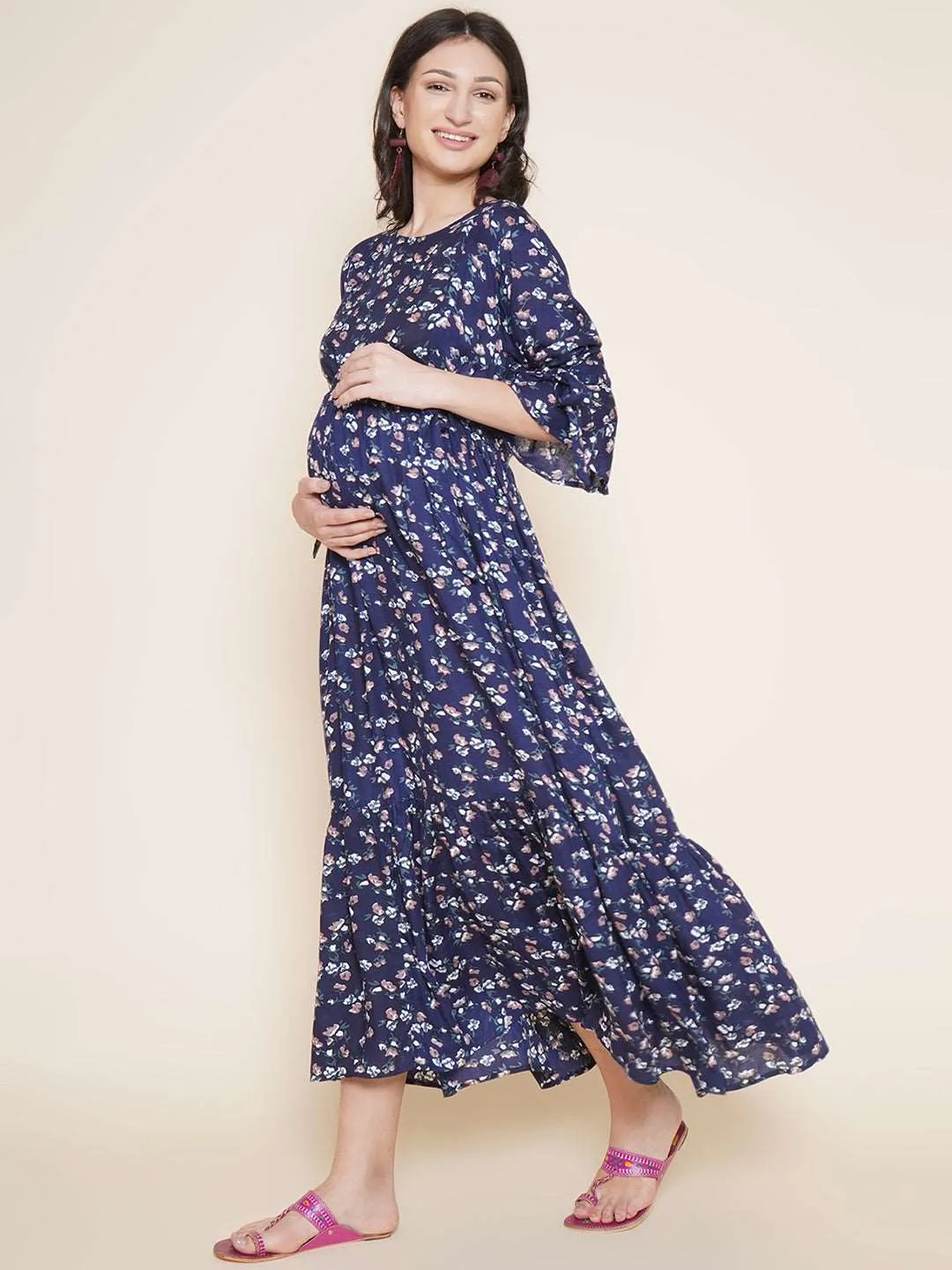 Navy Blue Maternity and Nursing Maxi Dress