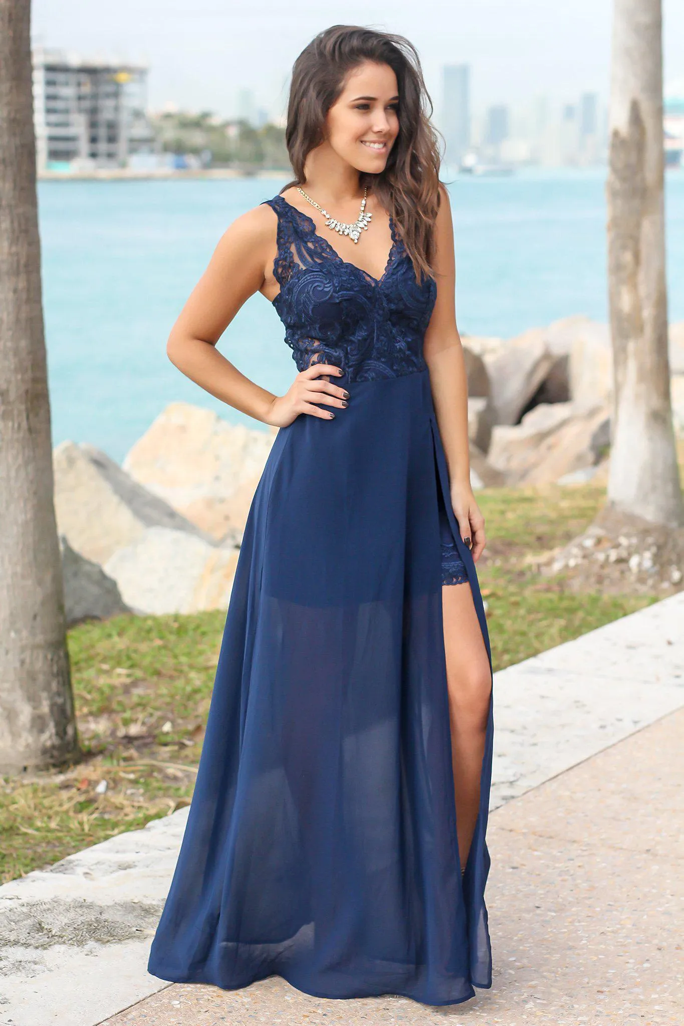 Navy Embroidered Maxi Dress with Side Slit