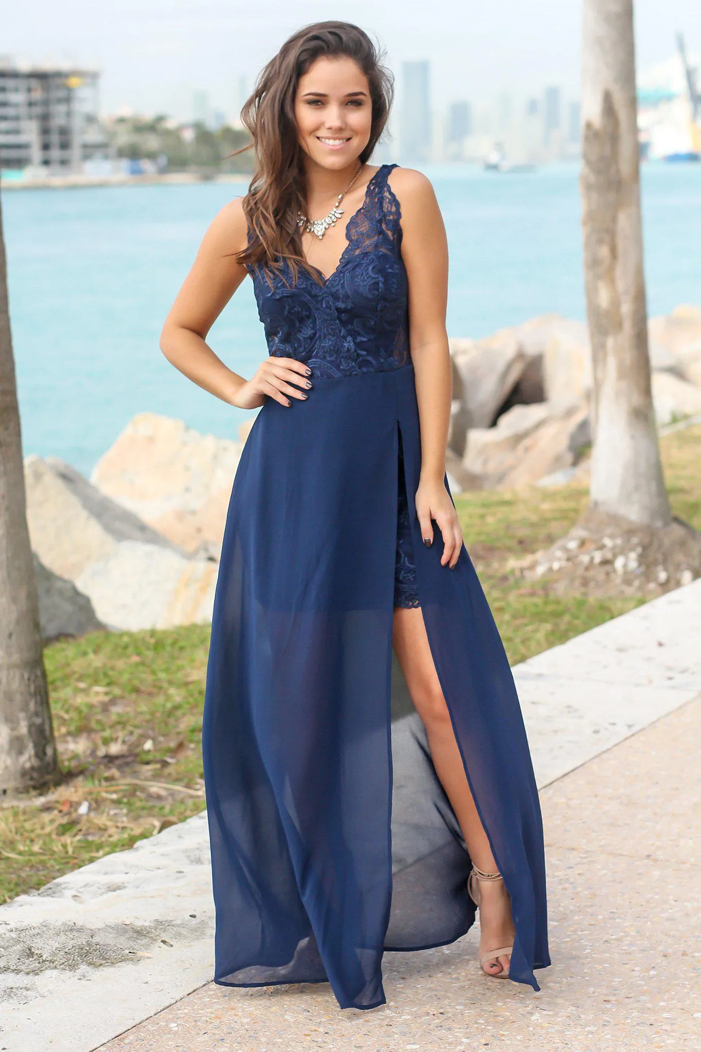 Navy Embroidered Maxi Dress with Side Slit