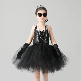 New Halloween party cosplay girl princess dress sequin black elegant children's evening dress hair accessory set