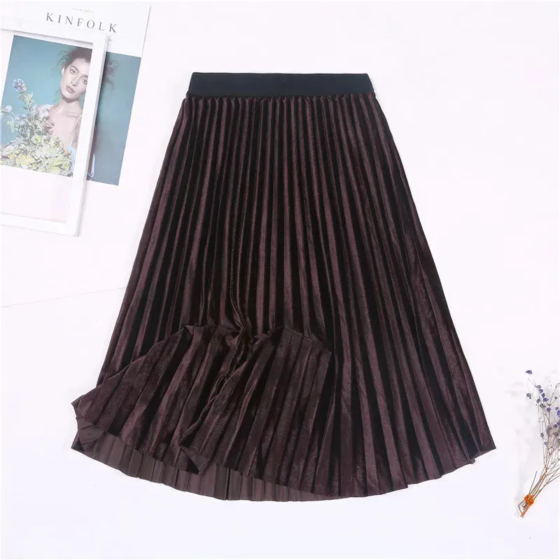 New Winter Autumn High Waist Skirt Skinny Female Velvet Skirt Long Pleated Skirts Women Korean Ladies Harajuku Vintage Skirt