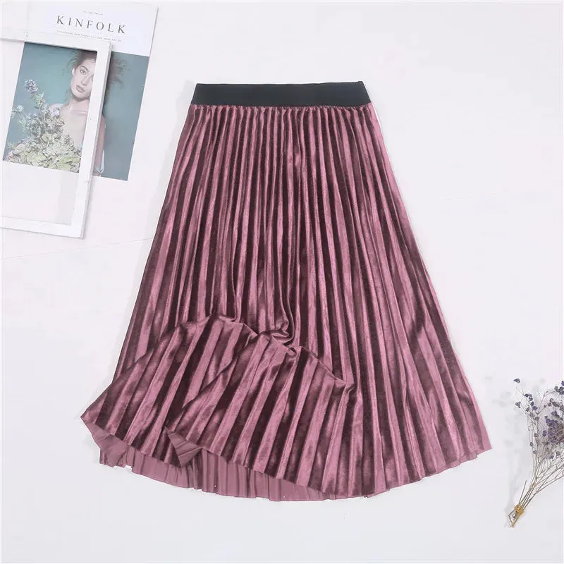 New Winter Autumn High Waist Skirt Skinny Female Velvet Skirt Long Pleated Skirts Women Korean Ladies Harajuku Vintage Skirt