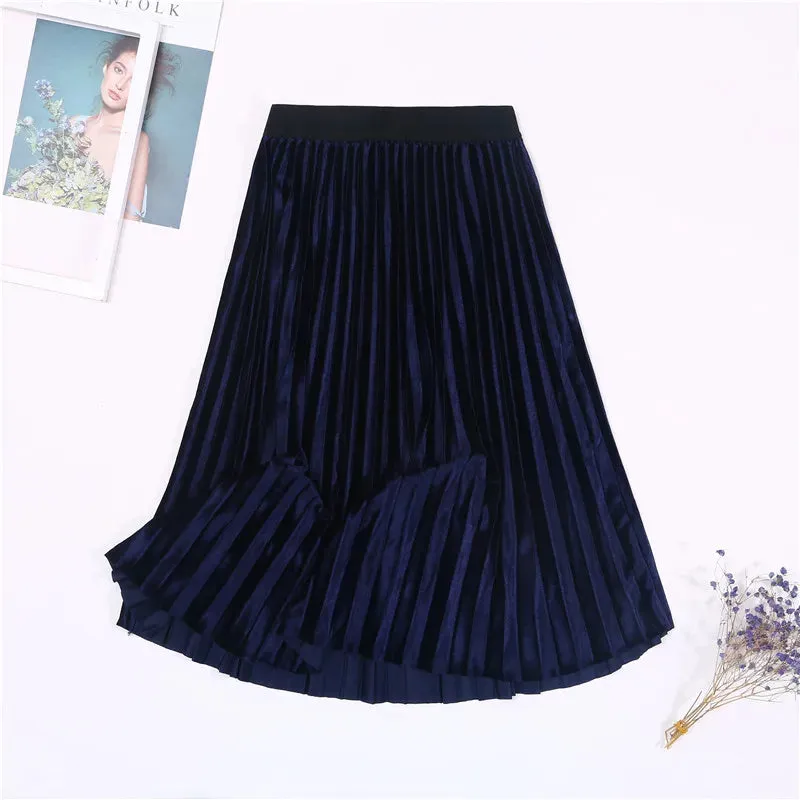 New Winter Autumn High Waist Skirt Skinny Female Velvet Skirt Long Pleated Skirts Women Korean Ladies Harajuku Vintage Skirt