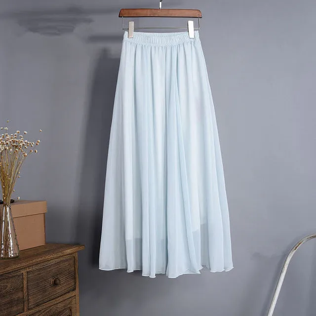 New Women Long Skirt 18 Color Pastel Candy Coloured Pleated Chiffon Maxi Skirts 2017 Beach Boho Summer Skirts Faldas Saia