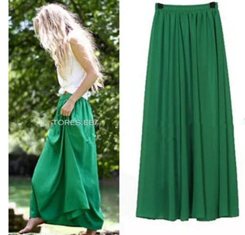 New Women Long Skirt 18 Color Pastel Candy Coloured Pleated Chiffon Maxi Skirts 2017 Beach Boho Summer Skirts Faldas Saia