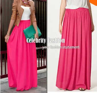 New Women Long Skirt 18 Color Pastel Candy Coloured Pleated Chiffon Maxi Skirts 2017 Beach Boho Summer Skirts Faldas Saia